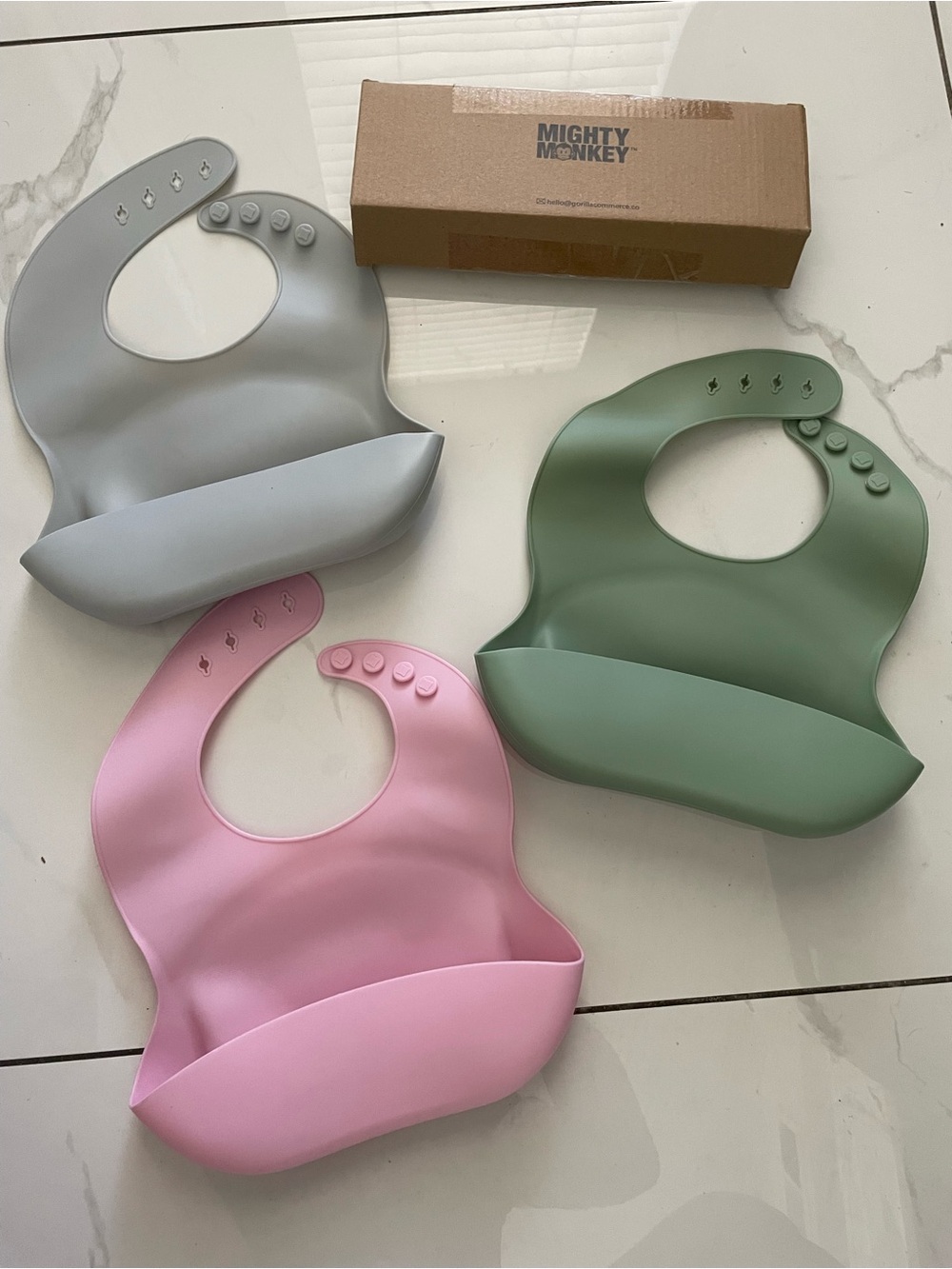 Silicone Baby Bibs - Pink, Green, Gray - 3 Pack